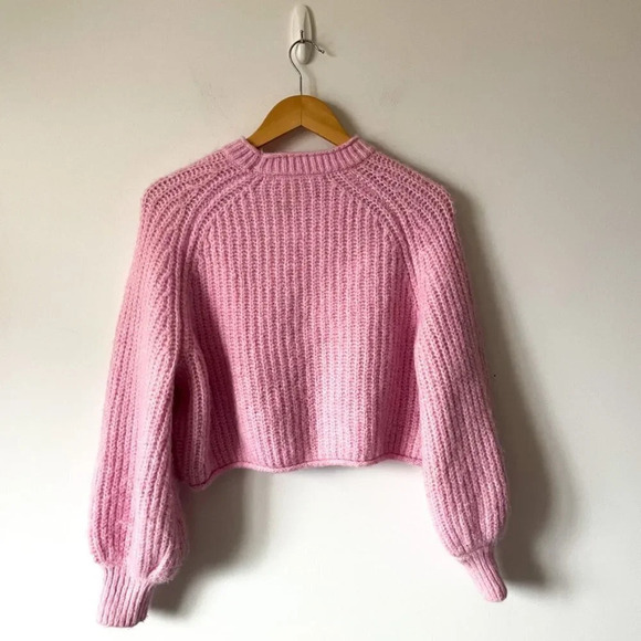 Zara Purl Knit Crop Wool Alpaca Balloon Sleeve Knit Sweater Light Pink Sz Small - Picture 8 of 10